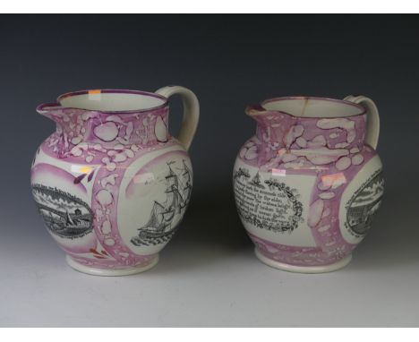 A 19thC Sunderland lustre Jug, with transfer printed panel of a bridge and mariner's compass, together with another similar w