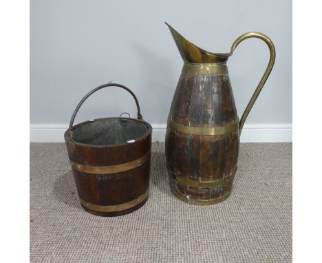 A Victorian brass-bound jug shaped stick Stand, W 40 cm x H&nbsp; 65 cm x D 25 cm, together with a similar brass bound coal B