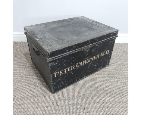 A green painted wooden Trunk, W 94 cm x H 58 cm x D 47 cm, together with a metal traveling Trunk, front stamped 'Peter Gardin