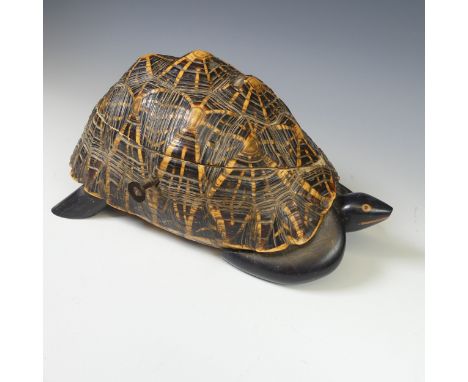 An early 20thC Indian star tortoise Tea Caddy,&nbsp;the hinged cover opening to a parquetry inlaid interior, W 15 cm H 13.5 c