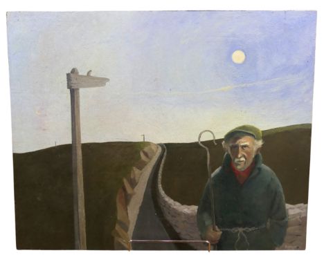 Kenneth "Ken" Evans (British, 1924-1987), "Sparrow on sign-post, road and man", oil, egg, wax, acrylic on panel, signed and d