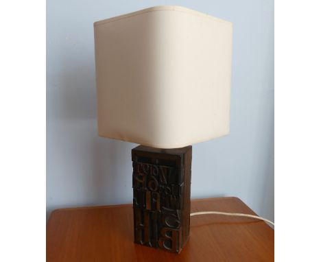 A Retro 1960s 'Brian Bradley' letterpress Lamp Base and square shade, made from wooden letterpress blocks with brass lamphold