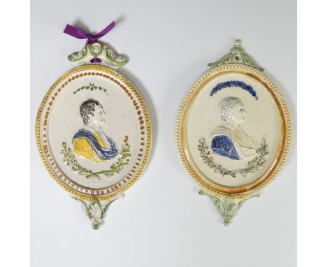 A 19thC prattware wall Portrait Plaque, with central depiction of a figure in profile, above foliate wreath and decorated in 
