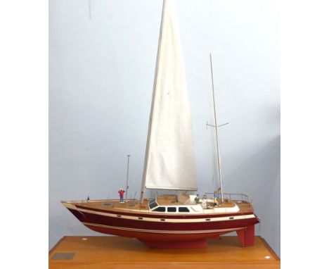 A builders scale model of the Jarrett 50' ketch 'Eirenikon' by M &amp; L Yachts,&nbsp;set on large wooden plinth with brass p