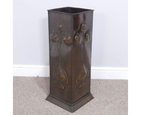 An Arts and Crafts Copper Stick Stand, of square section form, embossed stylised decoration, unmarked, W 26 cm x H 66 cm x D 