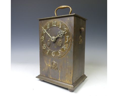 A continental Arts and Crafts brassed metal Mantel Clock, circa early 20th century, of rectangular form with carry handle, th