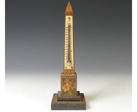 A Tunbridge ware obelisk desk Thermometer, inlaid with flowers and tumbling blocks, stepped square base,  W 6.25 cm x H 19.5 