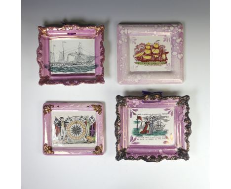 A quantity of 19thC Sunderland lustre Wall Plaques, to comprise an unusual 'The Mariner's Compass' Plaque, H 17cm x L 19.5cm,