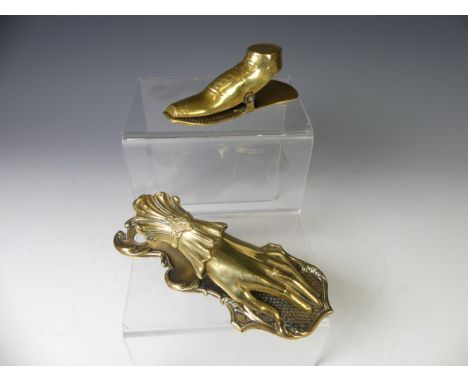 A Victorian J &amp; R Ratcliff Birmingham pressed brass Letter Clip, formed as a woman's hand, together with another brass le