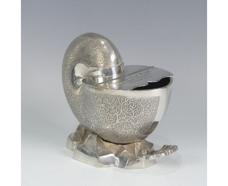 A late Victorian silver plated Nautilus shell shaped Spoon Warmer,&nbsp;by&nbsp;Army &amp; Navy Cooperative Society Ltd., the