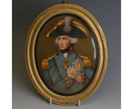 A German porcelain oval plaque of Lord Nelson by Hutschenreuther, c.1880, painted by Adolph Harrass with a portrait of the Ad