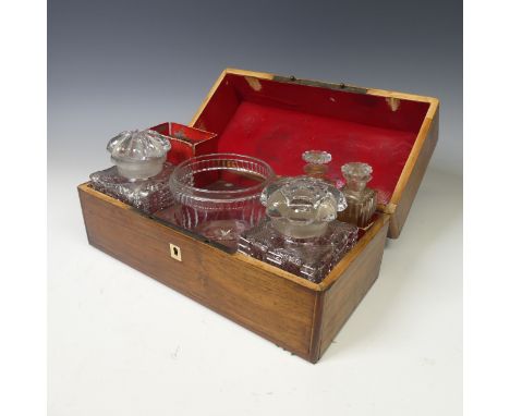 A Late 19thC rosewood inlaid Tea Caddy, hinged lid enclosing a pair of cut glass decanter with stoppers, a pair of small cut 