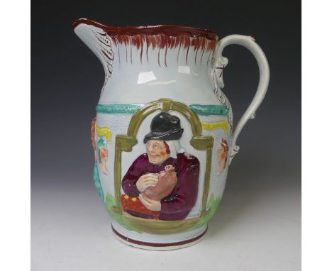 A 19thC prattware pottery Shakespeare Jug,&nbsp;moulded and painted with a bust of Shakespeare, flanked by figures titled 'Th