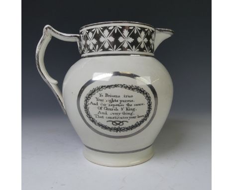 An early 19thC pearlware silver lustre Jug, commemorating Sir Francis Burnett MP, with printed portrait panel reading 'S. F. 