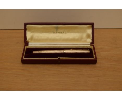 A boxed Parker 61 Presidential converter fill fountain pen 9ct gold fine barley pattern