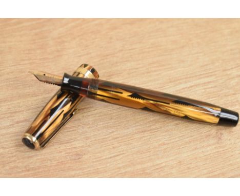 A boxed Parker Duofold Standard button fill fountain pen honey and black geometric (toothbrush) pattern with broad gold cap b