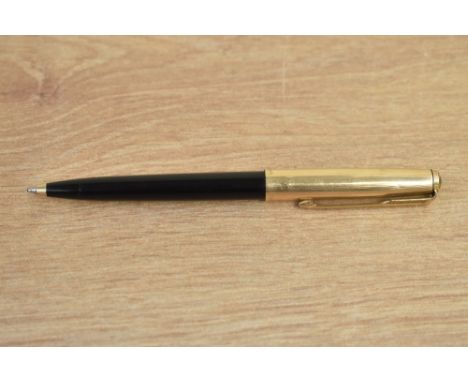 A Parker 61 ballpoint pen in black with a rolled gold cap