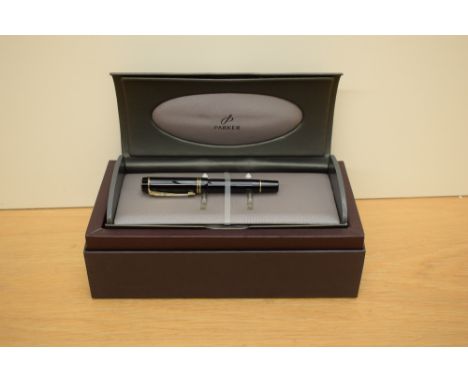 A boxed Parker Duofold Demi cartridge fill fountain pen in Black having Duofold Parker 18k 750 nib