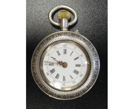 SILVER FOB WATCHthe white enamel dial with Roman hour numerals and Arabic minute numerals, the case with engraved floral and 