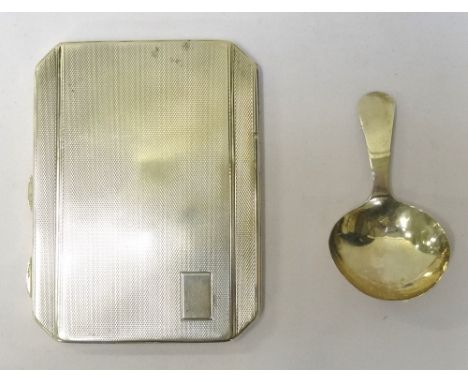 GEORGE III SILVER CADDY SPOONwith a shaped oval bowl, London 1805, together with a George V silver cigarette case with canted