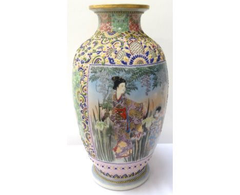 LARGE JAPANESE SATSUMA VASEearly 20th century, colourfully decorated with Geisha and Maiko, blossom panels, with raised ename