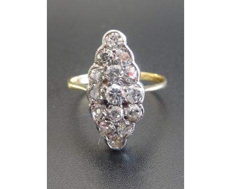 DIAMOND CLUSTER RINGthe fifteen diamonds in marquise shaped setting, in all approximately 0.75cts, on eighteen carat gold sha