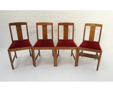 SET OF FOUR ASH CHURCH CHAIRSwith a shaped top rail above a broad central splat with a shaped red velvet stuffover seat below