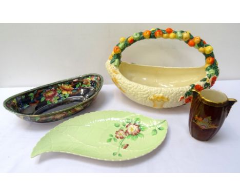 COLLECTION OF DECORATIVE CERAMICSincluding a Clarice Cliff 'Celtic Harvest' basket, 33cm long, Maling comports, Crown Devon F