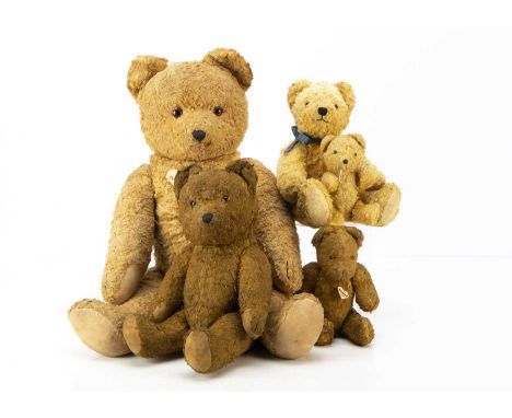Five post-war Eastern European cotton plush Teddy Bears, the largest with orange and black glass eyes, and cotton pads -- 24i