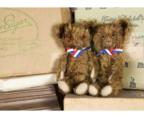 Buster and Burney Brown - twin Knickerbocker Teddy Bears, possibly 1930s, but could be 40s, brown mohair, glass eyes, metal n