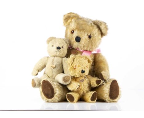 Three post-war Chad Valley Teddy Bears,  two with mohair, swivel heads, jointed limbs and velvet pads; another with white Dra