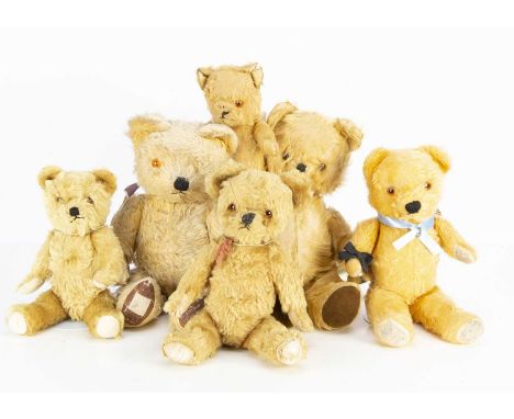 Six post-war British Teddy Bears,  including Chad Valley with golden mohair, orange and black plastic eyes, black stitched no