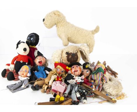 Various soft toys and Pelham Puppets, an British white mohair Sealyham --14 1/2in. (37cm.) long (missing eyes); an Alpha Farn