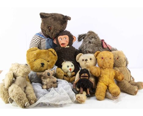 A selection of Teddy Bears, and soft toys,  including a late Alpha Farnell with orange and black glass eyes, pronounced muzzl