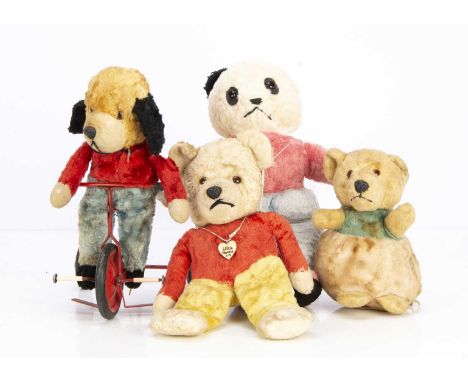 Three post-war Chiltern Teddy Bears,  including a roly-poly with seam label; a bear probably off a trike and a panda --13in. 