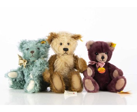 Three Steiff yellow tag Teddy Bears,  a Classic with turquoise mohair, a Petsy in purple plush with card tag and a Classic Ca