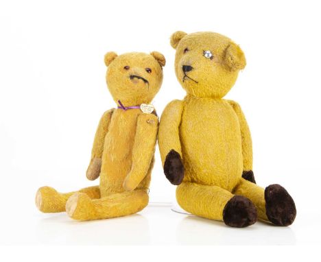 Two 1930s German Teddy Bears,  with golden mohair, orange and black glass spike eyes, slotted-in-ears, swivel head, pin-joint