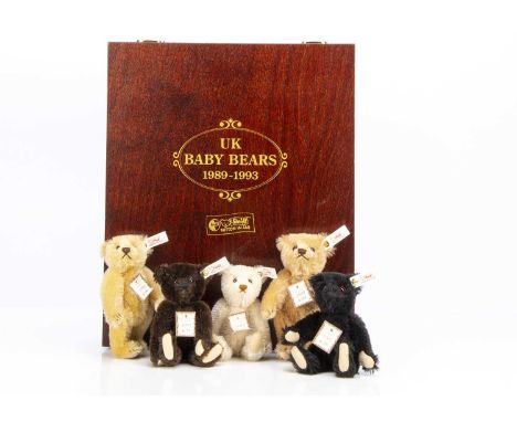 Steiff UK British Collectors Baby Bear set 1989 to 1993, comprising five miniature versions of the British Collectors Teddy B