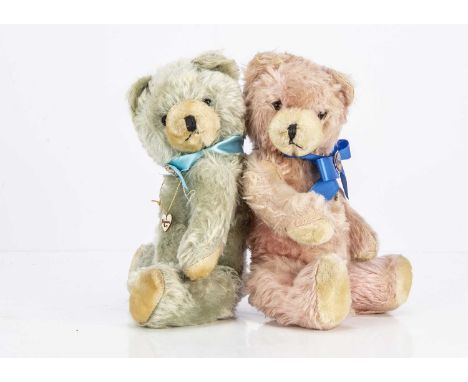 Two post-war Hamiro Teddy Bears,  one with pink and one with blue mohair, one with black glass eyes the other with brown and 