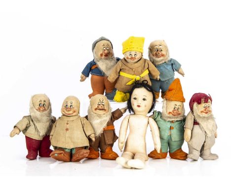 Chad Valley Snow White and the eight Dwarves 1930s, Snow White (undressed) --12 1/2in. (32cm.) high; and eight various dwarve