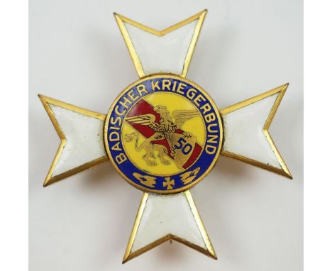 Kriegerverein: Baden, Bundesehrenkreuz, 1. Klasse mit der Jubiläumszahl "50".Buntmetall vergoldet, teilweise emailliert, Meda