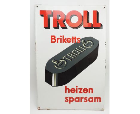 Werbeschild/ Emaillschild: Troll - Briketts, heizen sparsam. Metall, emailliert, Hersteller Els. Emaillierwerk, Strassburg-Hö