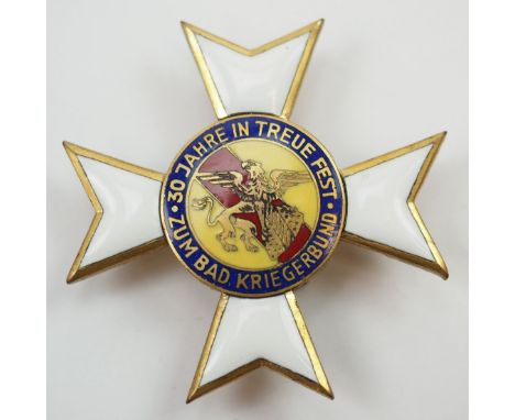 Kriegerverein: Baden, Bundesehrenkreuz, 1. Klasse für 30 Jahre in Treue fest.Buntmetall vergoldet, teilweise emailliert, Meda