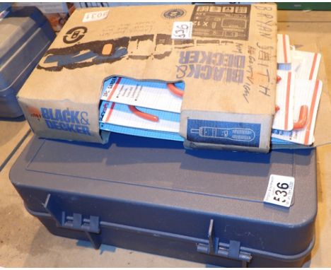 Box of mixed tools and a box of heavy duty plastic coated hooks 