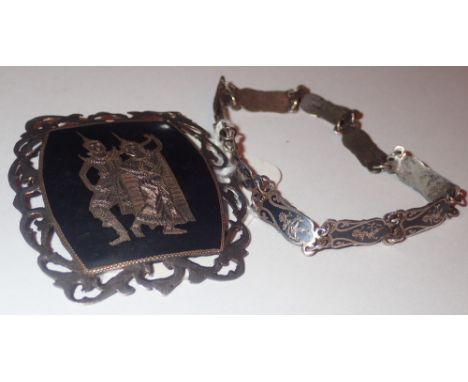 Siam silver and enamel vintage bracelet and brooch