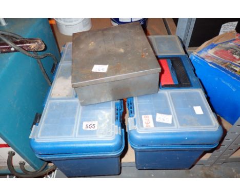 Two plastic tool boxes with contents of hand tools and a tin with tool accessories 