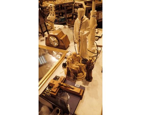Three ecclesiastical figurines with a column lamp and crucifix  CONDITION REPORT: All electrical items in this lot have been 