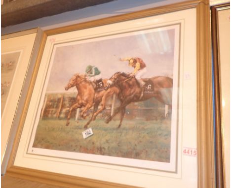 Framed and glazed racehorse print with Chelsea Green studio stamp limited edition 797 / 850 signed lower left in pencil Clair