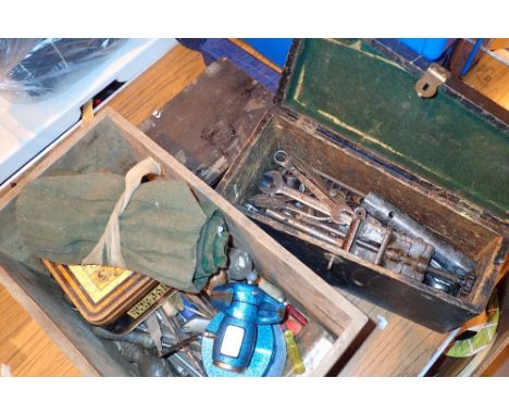 Three boxes of tools including a vice bicycle spanners drill tool box etc 