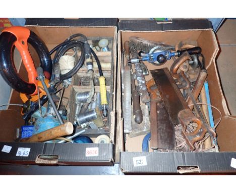 Two boxes of vintage tools including a gas stove vintage hand saws fittings etc 